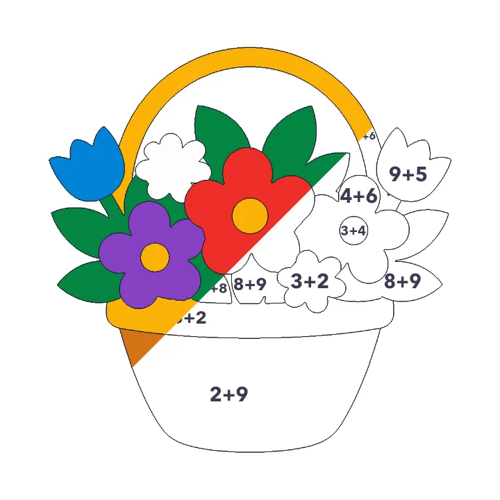 Flower Basket addition color by number page, half colored to show the finished picture