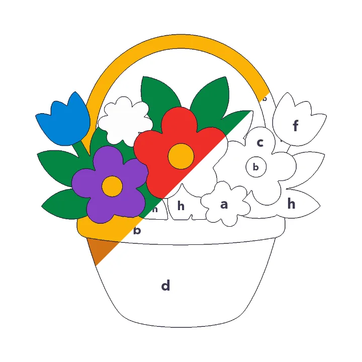 Flower Basket color by letter color by number page, half colored to show the finished picture