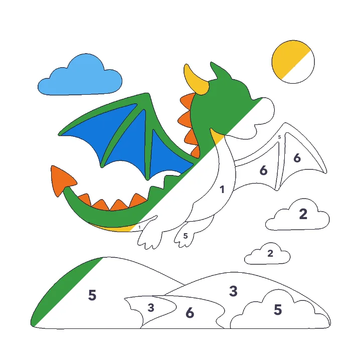 Flying Dragon color by number page, half colored to show the finished picture