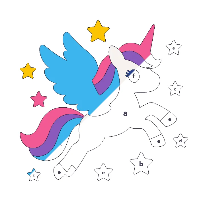 Flying Unicorn color by letter color by number page, half colored to show the finished picture