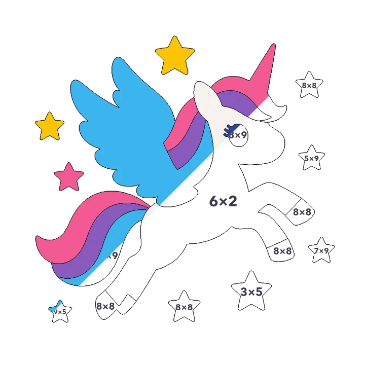 Flying Unicorn multiplication color by number page, half colored to show the finished picture