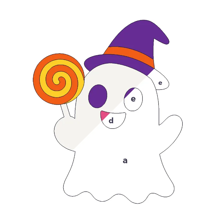 Friendly Ghost color by letter color by number page, half colored to show the finished picture