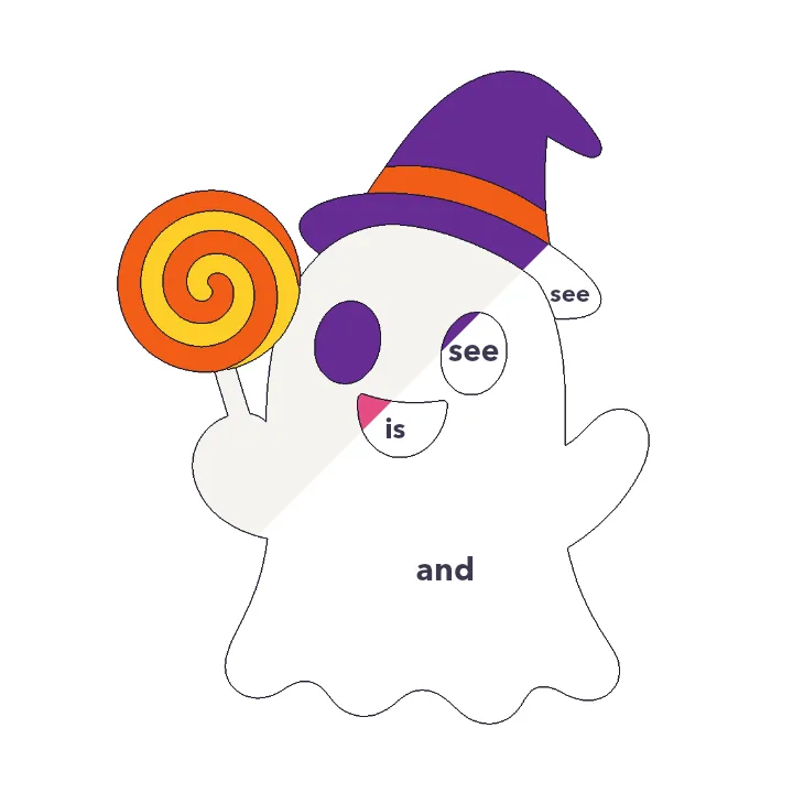 Friendly Ghost sight words color by number page, half colored to show the finished picture