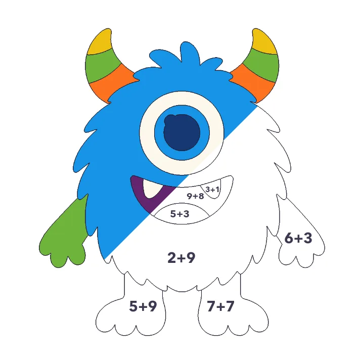 Friendly Monster addition color by number page, half colored to show the finished picture