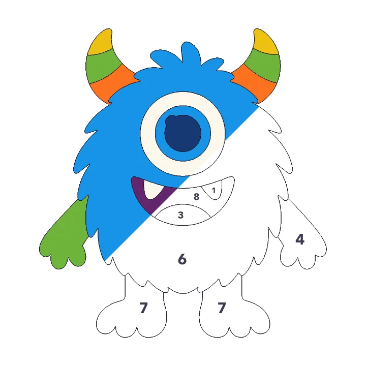 Friendly Monster color by number page, half colored to show the finished picture
