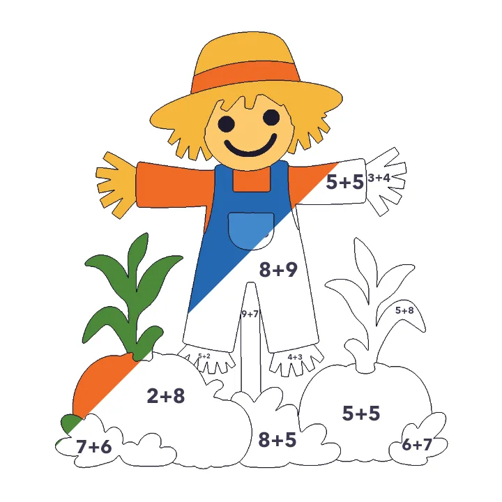 Friendly Scarecrow addition color by number page, half colored to show the finished picture