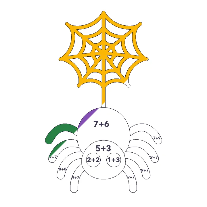 Friendly Spider addition color by number page, half colored to show the finished picture