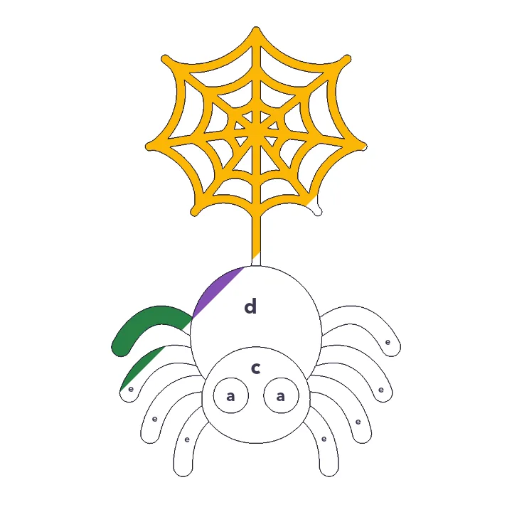 Friendly Spider color by letter color by number page, half colored to show the finished picture