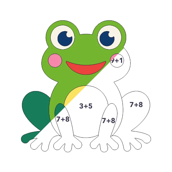 Frog addition color by number page, half colored to show the finished picture