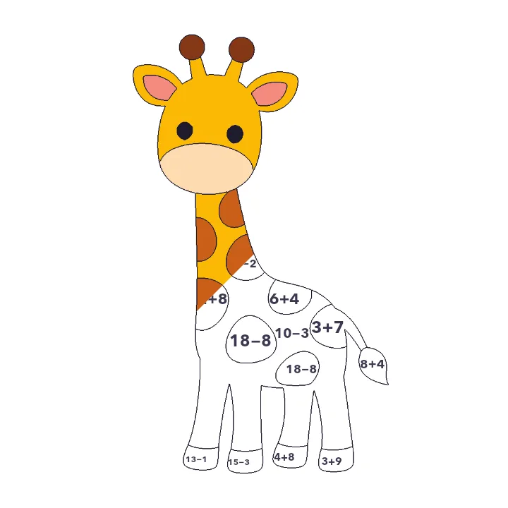 Giraffe addition & subtraction color by number page, half colored to show the finished picture