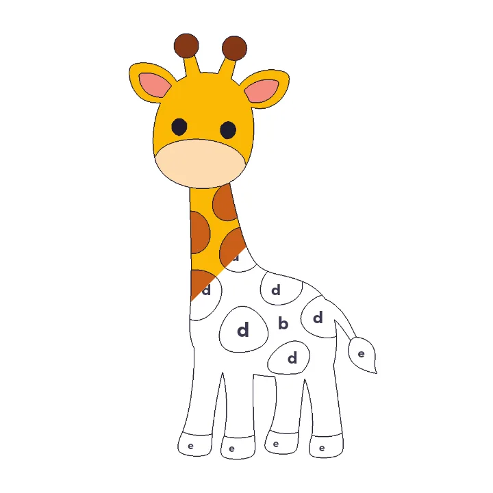 Giraffe color by letter color by number page, half colored to show the finished picture