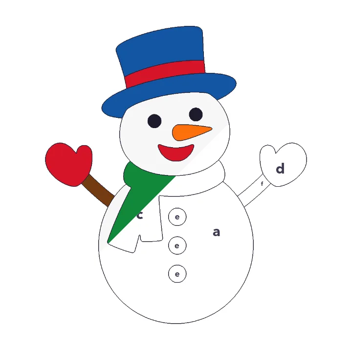 Happy Snowman color by letter color by number page, half colored to show the finished picture