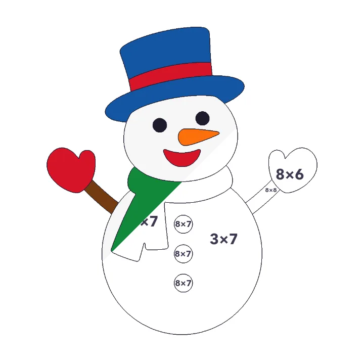 Happy Snowman multiplication color by number page, half colored to show the finished picture