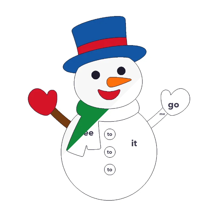 Happy Snowman sight words color by number page, half colored to show the finished picture