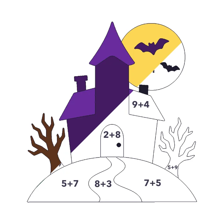 Haunted House addition color by number page, half colored to show the finished picture