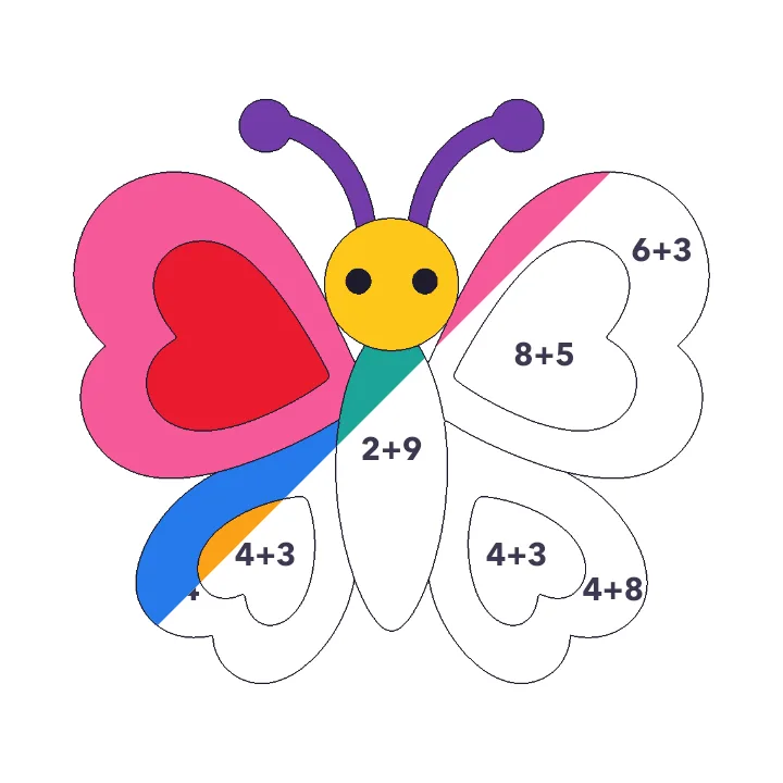 Heart Butterfly addition color by number page, half colored to show the finished picture