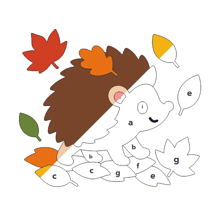 Hedgehog in the Leaves color by letter color by number page, half colored to show the finished picture