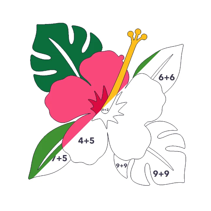 Hibiscus addition color by number page, half colored to show the finished picture
