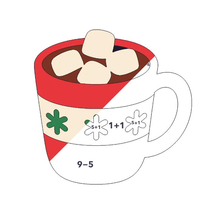 Hot Cocoa addition & subtraction color by number page, half colored to show the finished picture