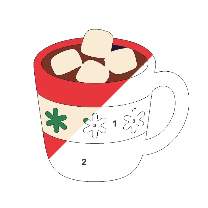 Hot Cocoa color by number page, half colored to show the finished picture