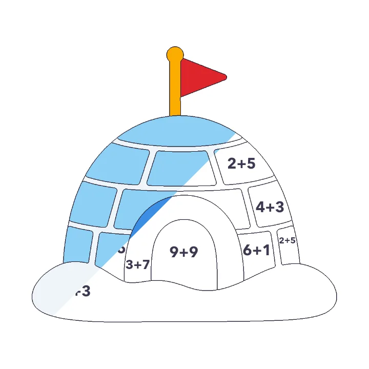 Igloo addition color by number page, half colored to show the finished picture