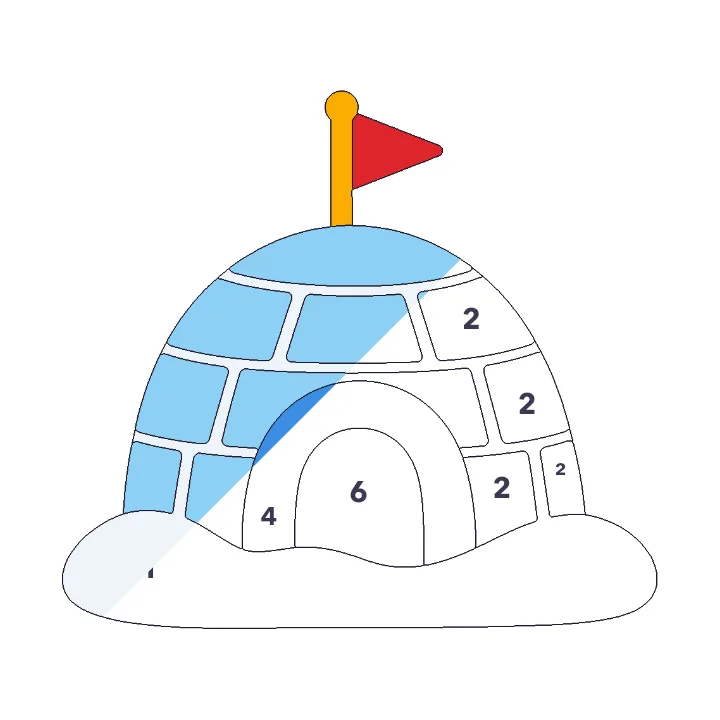 Igloo color by number page, half colored to show the finished picture