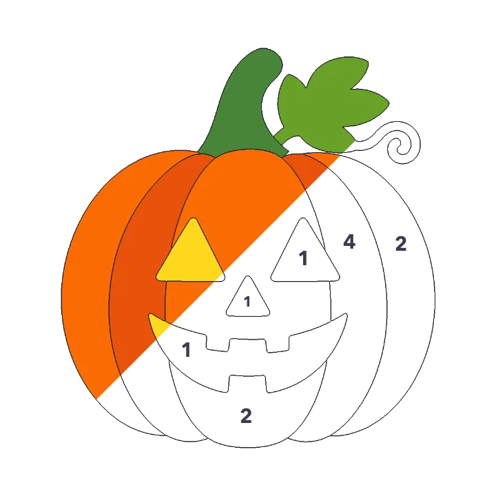 Jack-o’-Lantern color by number page, half colored to show the finished picture
