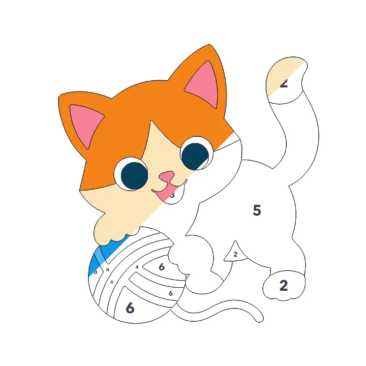 Kitten and Yarn color by number page, half colored to show the finished picture