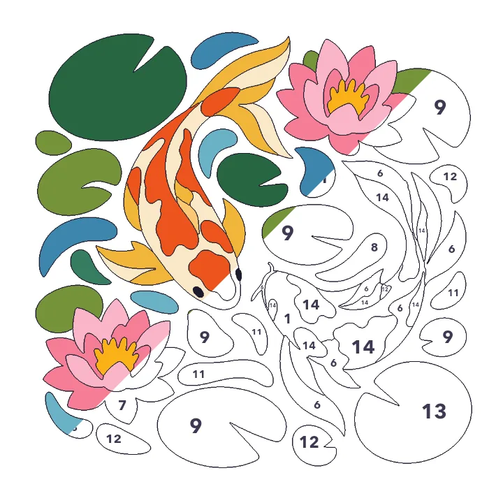 Koi Pond color by number page, half colored to show the finished picture