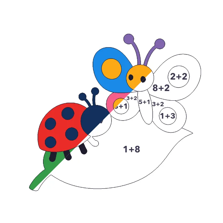Ladybug and Butterfly addition color by number page, half colored to show the finished picture