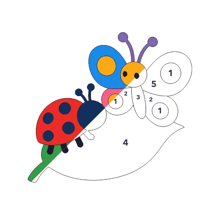 Ladybug and Butterfly color by number page, half colored to show the finished picture