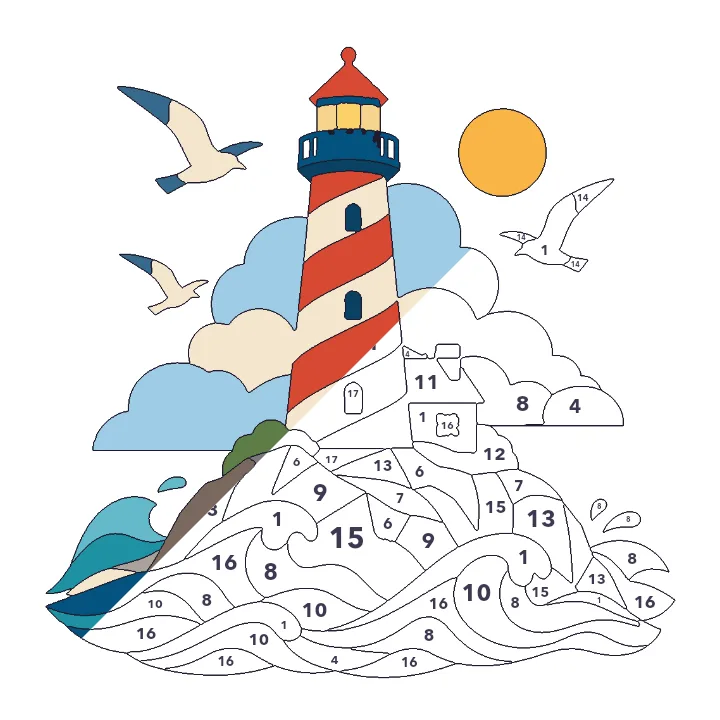 Lighthouse color by number page, half colored to show the finished picture