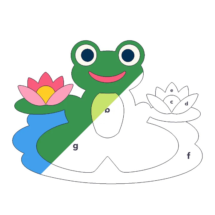 Lily Pond color by letter color by number page, half colored to show the finished picture