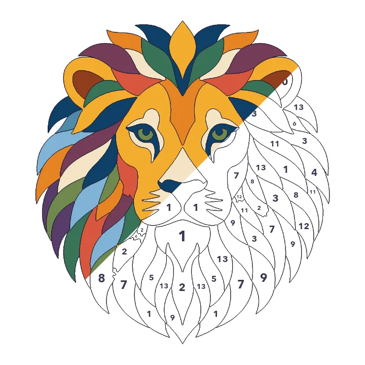 Lion Portrait color by number page, half colored to show the finished picture