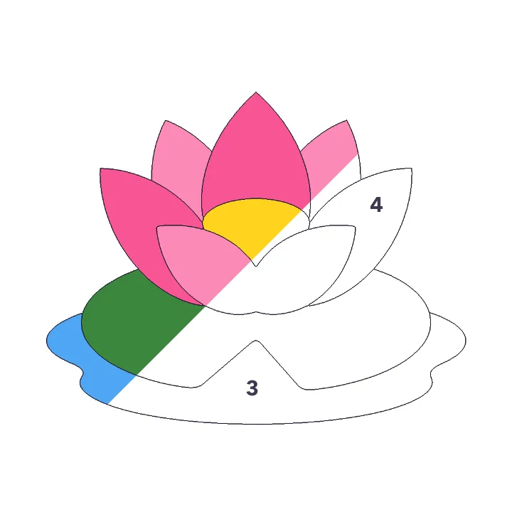 Lotus Flower color by number page, half colored to show the finished picture