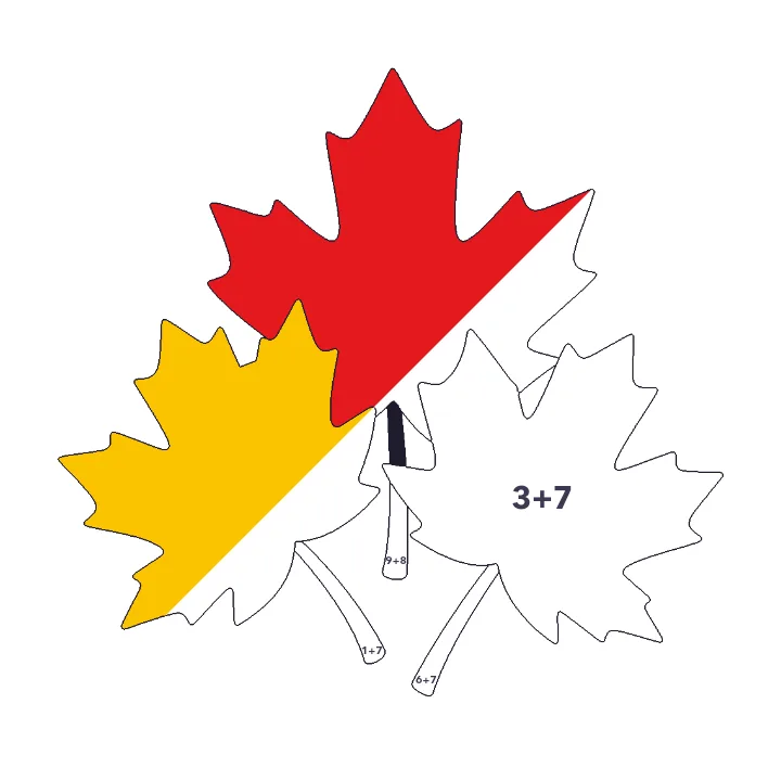 Maple Leaves addition color by number page, half colored to show the finished picture
