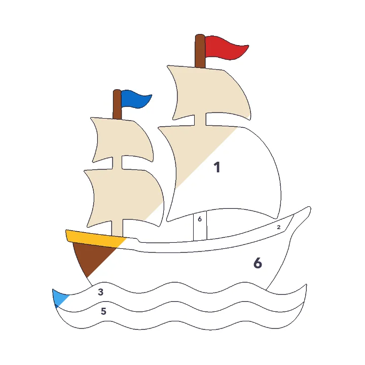 Mayflower Ship color by number page, half colored to show the finished picture