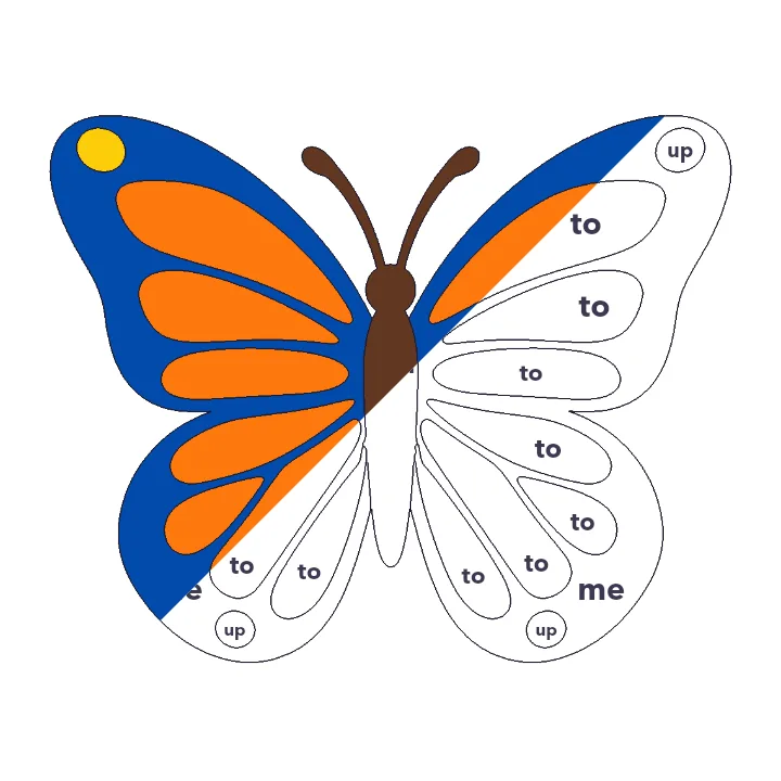 Monarch Butterfly sight words color by number page, half colored to show the finished picture