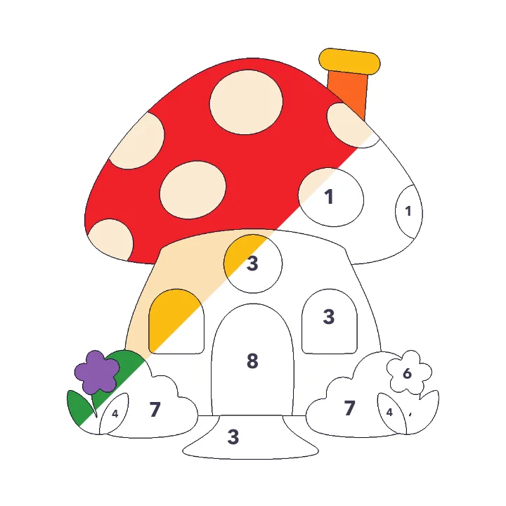 Mushroom House color by number page, half colored to show the finished picture