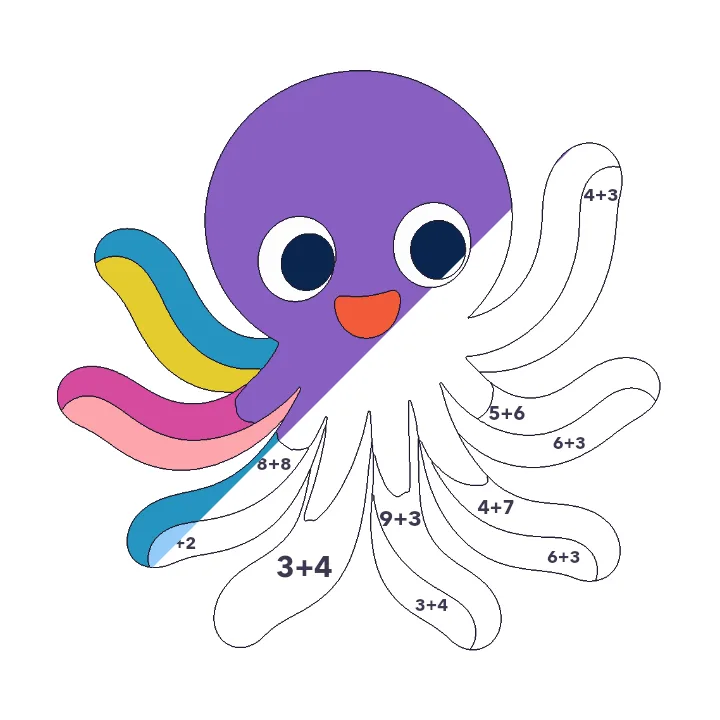 Octopus addition color by number page, half colored to show the finished picture