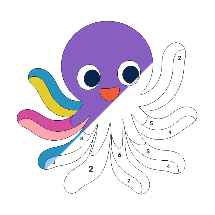Octopus color by number page, half colored to show the finished picture