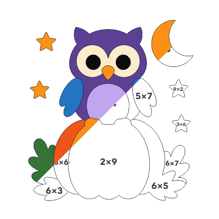Owl on a Pumpkin multiplication color by number page, half colored to show the finished picture