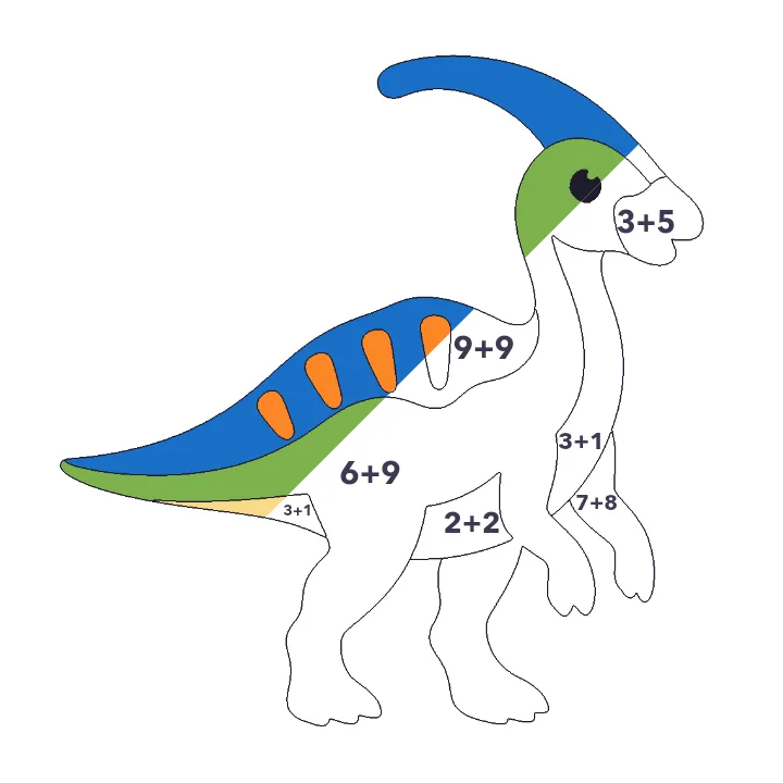 Parasaurolophus addition color by number page, half colored to show the finished picture