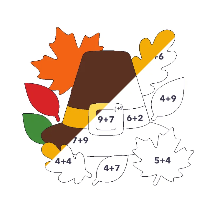 Pilgrim Hat and Leaves addition color by number page, half colored to show the finished picture
