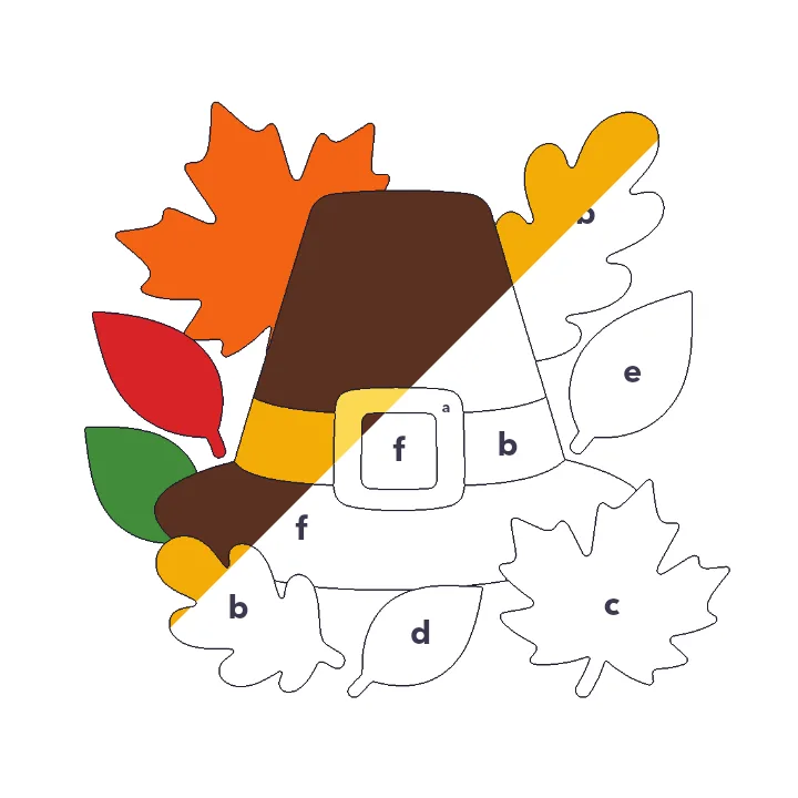 Pilgrim Hat and Leaves color by letter color by number page, half colored to show the finished picture