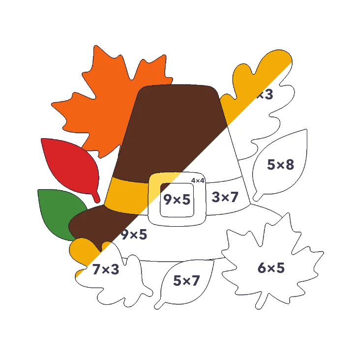Pilgrim Hat and Leaves multiplication color by number page, half colored to show the finished picture