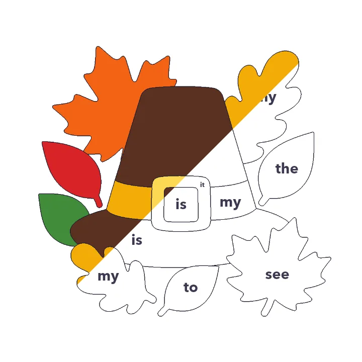 Pilgrim Hat and Leaves sight words color by number page, half colored to show the finished picture