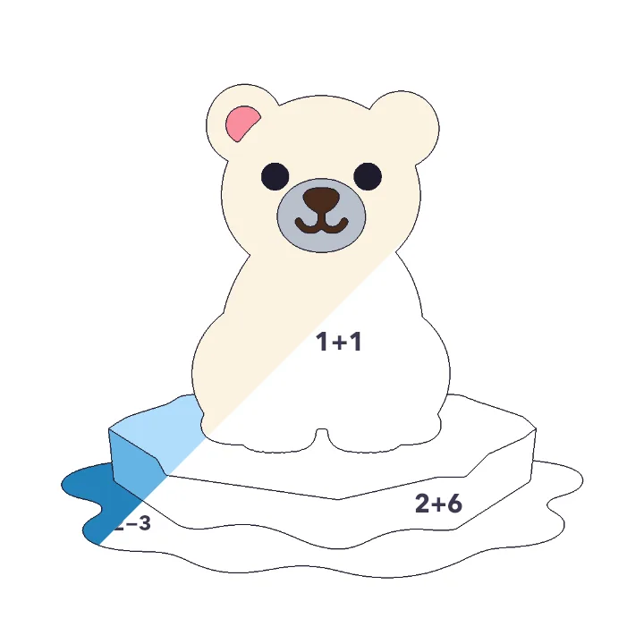Polar Bear addition & subtraction color by number page, half colored to show the finished picture