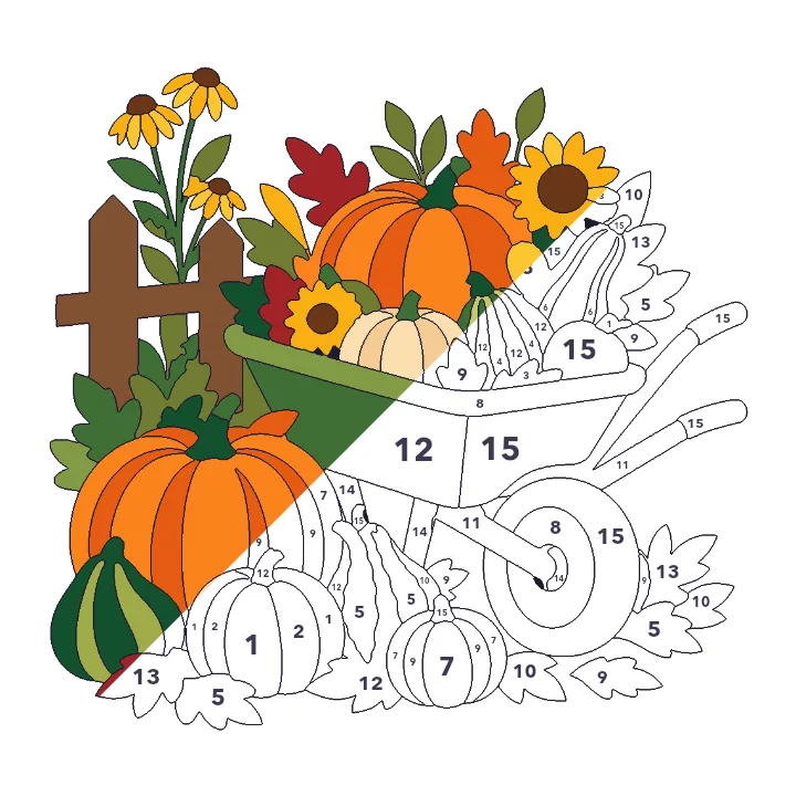 Pumpkin Harvest color by number page, half colored to show the finished picture