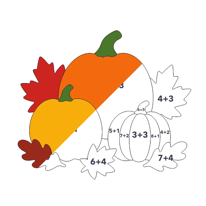 Pumpkin Patch addition color by number page, half colored to show the finished picture